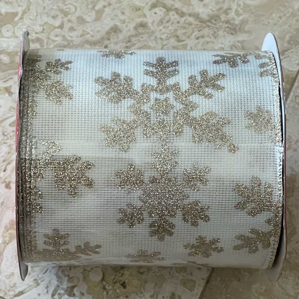 NWT 25 Yards 5” Premium Xmas Metallic Snowflake Ribbon